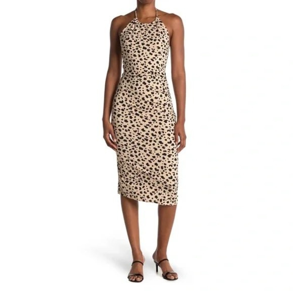WAYF Cheetah Leopard Tan Black Animal Print Halter Cowl Ruched Midi Dress XL